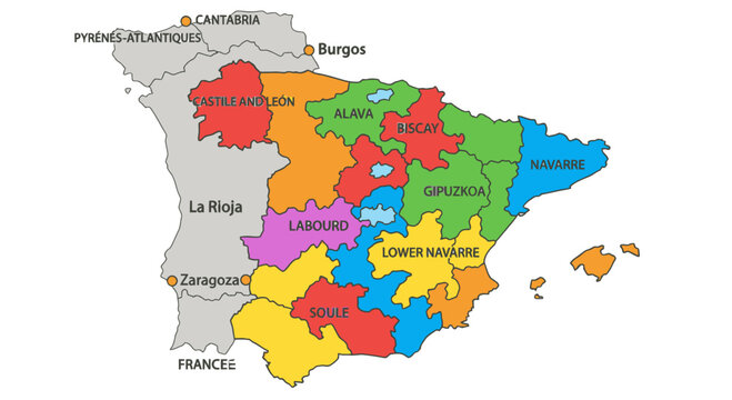 Map of Spain Regions, Colorful Political Chart, Graphic Resource with Copy Space