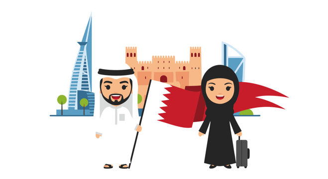 Middle Eastern couple holding Qatar flag with modern and historic landmarks, travel concept
