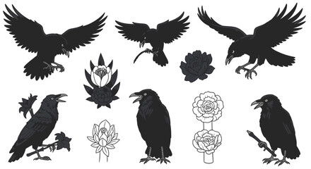 Fototapeta premium Set of Black Crows and Floral Silhouettes, Tattoo Design Elements, Isolated on White