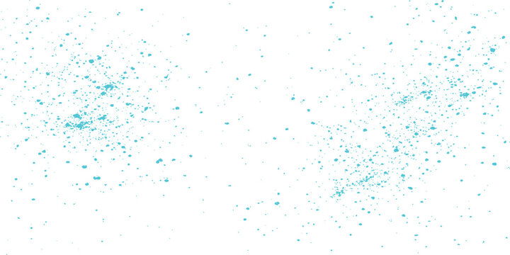 Blue Ink Splatter Background. Abstract soft splash with scattered droplets and light grunge particles on white surface