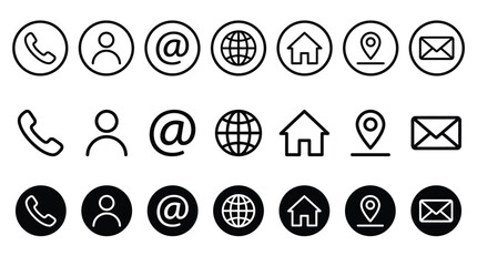 Contact us icon set. Phone, user, mail, home and location elements in minimal outline and solid styles vector illustration. Web and app interface sign for communication and navigation symbol pictogram