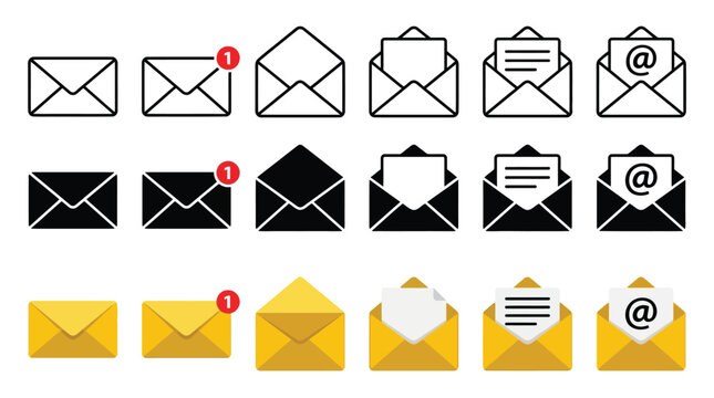 Message icon set. Closed, open and notification envelopes in outline, solid and colored styles vector. Email message set for inbox, documents, contacts and postal communication tasks sign.