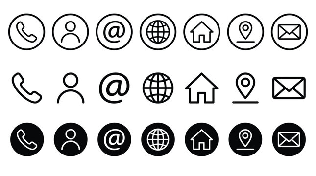 Contact us icon set. Phone, user, mail, home and location elements in minimal outline and solid styles vector illustration. Web and app interface sign for communication and navigation symbol pictogram