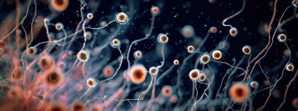 Moving cells in a dark background showing the process of reproduction in a microscopic view