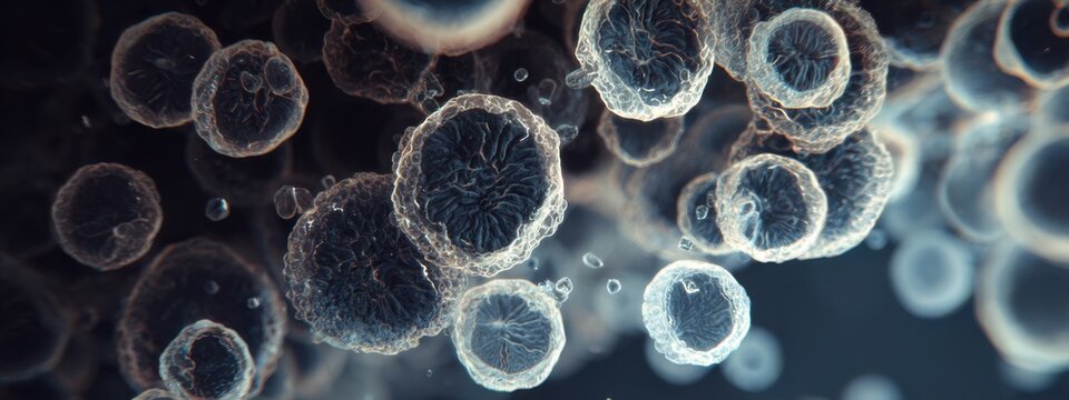 Cells multiply and interact in a close-up view under a microscope in a lab setting