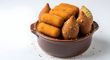 Fototapeta premium Coxinha and kibbeh inside container isolated on white background food scene .brazilian snacks savory treats and clean minimal presentation concept.