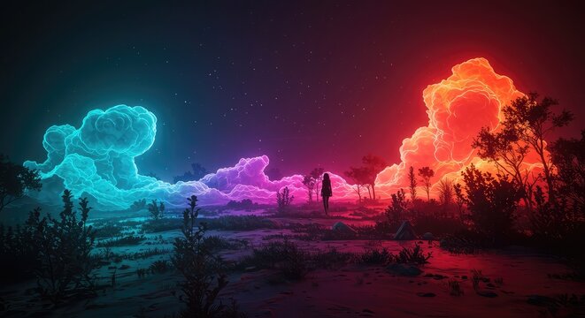 Abstract glowing fantasy landscape featuring vibrant neon colors, swirling fluid motion, and surreal nature elements perfect for cosmic backdrops, landscape, surreal, vibrant colors