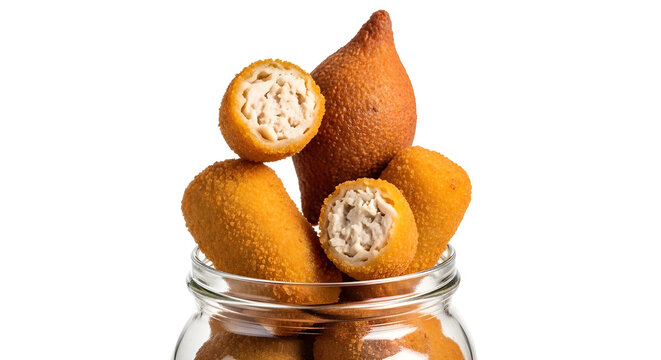 Coxinha and kibbeh inside container isolated on white background food scene .brazilian snacks savory treats and clean minimal presentation concept.