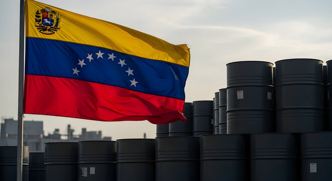 Venezuela flag with oil barrel in background symbolic energy scene .petroleum economy resource wealth and national identity concept.