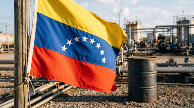 Venezuela flag with oil barrel in background symbolic energy scene .petroleum economy resource wealth and national identity concept.