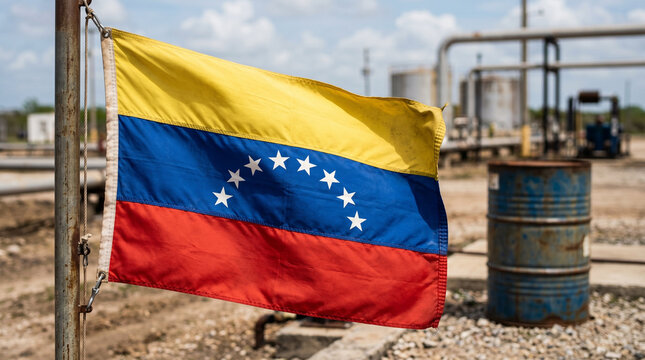 Venezuela flag with oil barrel in background symbolic energy scene .petroleum economy resource wealth and national identity concept.