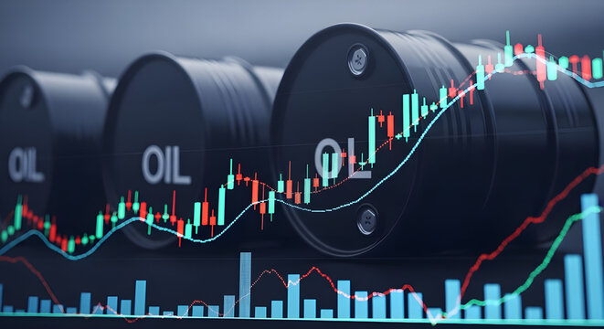 Economic chart with multiple oil barrels in background scene .market analysis petroleum prices trends and global energy finance visualization concept.