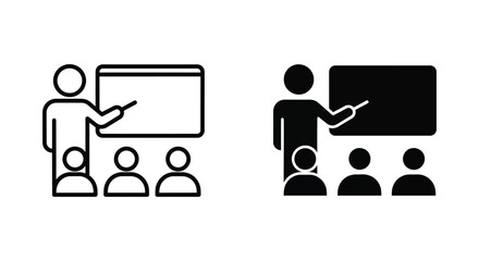 Teacher presenting to students blackboard outline and glyph icon © Lumina