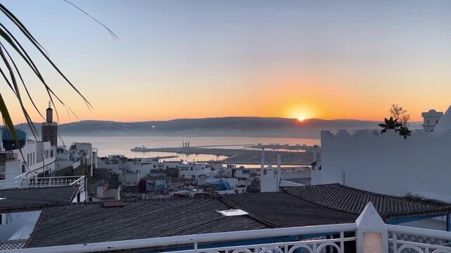 Cinematic Tangier Morocco Sunrise Rooftop Terrace Sea View with Harbor and Mediterranean Light