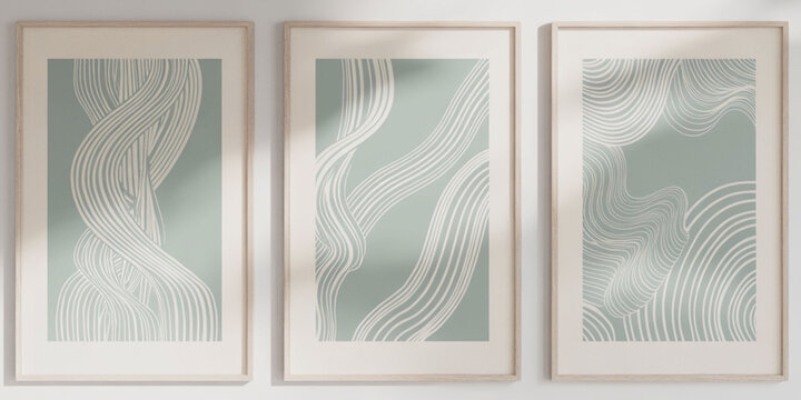 Three framed abstract art prints with flowing white lines on a pastel green background, minimalist modern decor.