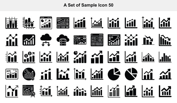 Collection of fifty black business data analytics featuring bar charts and growth graphs