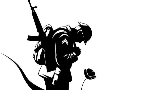 Silhouette illustration of a mourning soldier standing with a poppy flower.