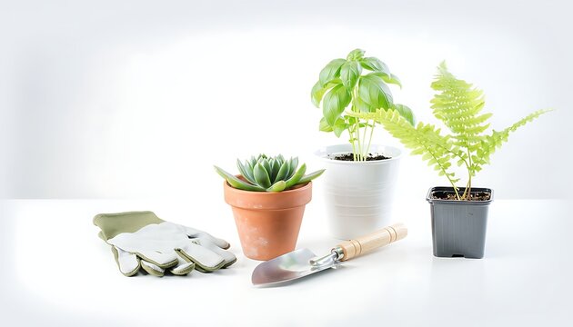 Gardening tools and small potted plants on a white surface.