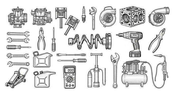 Collection of Hand Drawn Automotive Mechanical Parts and Tools.