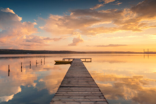 Small Dock and Boat at the lake, Beautiful Cloudy Sky