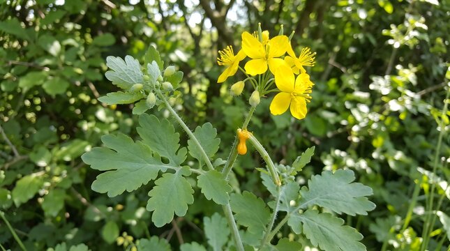 Greater Celandine flower blooming in a green garden.