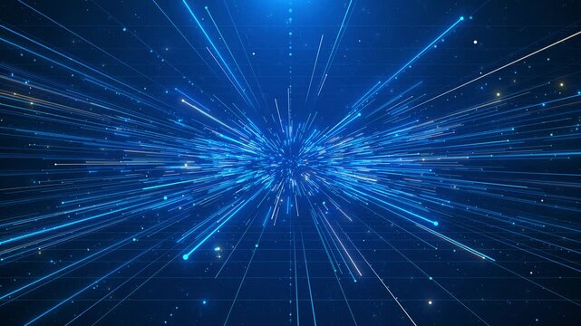Blue speed lines data burst bright center point, glowing rays, grid depth, and fast digital motion. for technology intros, warp transitions, cyber videos, sci fi scenes, and energetic overlays.