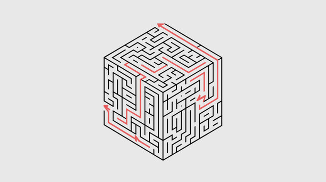 3D maze with red pathfinding arrow - Ideal for problem-solving concepts, strategy consulting, or complex navigation themes.