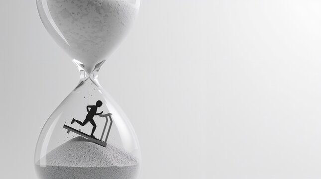 Silhouette figure running on treadmill inside hourglass with falling sand time management concept