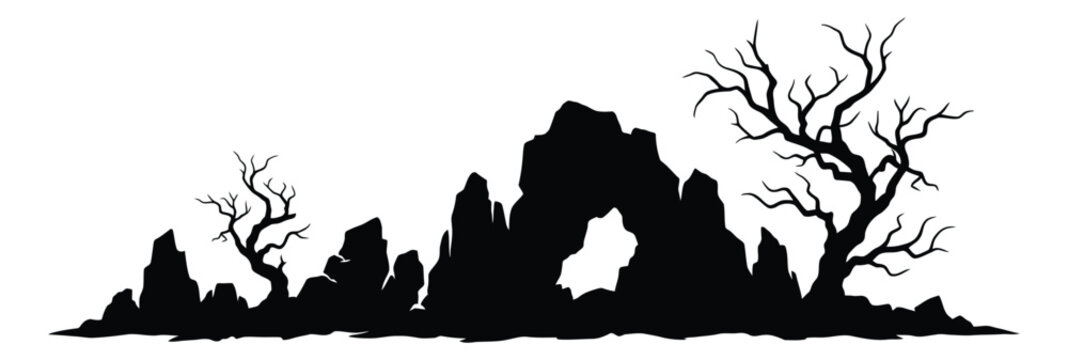 Silhouette of rocky landscape with dead trees isolated on white background