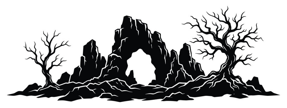 Dark landscape with rocky arch and dead trees
