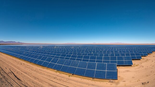 Expansive solar panel array in desert landscape under clear blue sky renewable energy concept