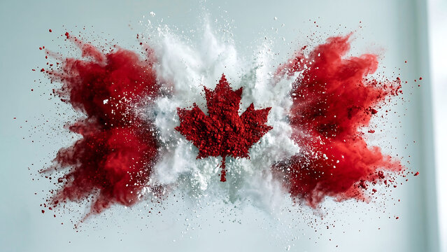 Canadian flag made of red and white powder exploding in air  symbol of Canada with maple leaf and colors  powder flying apart