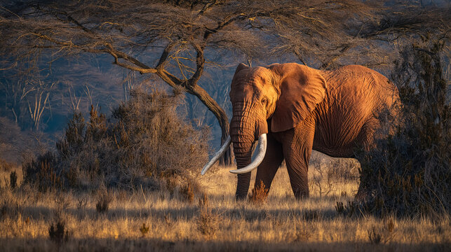 Majestic Elephant in Savanna: A colossal elephant with impressive tusks stands in its natural habitat, amidst the golden hues of the savanna.