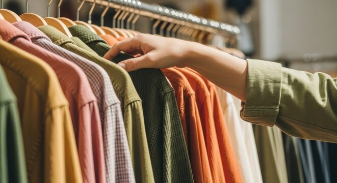 Persons hand selecting a shirt from a clothing rack in a store.