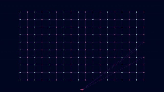 Abstract animated neon grid with glowing cross points and subtle motion on a dark background, ideal for tech interfaces, sci fi design, HUD overlays, and backdrops