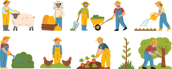 Fototapeta premium Diverse Farmers and Gardeners Set Featuring Livestock Care, Beekeeping, Harvesting Vegetables, and Planting Trees in Flat Vector Style