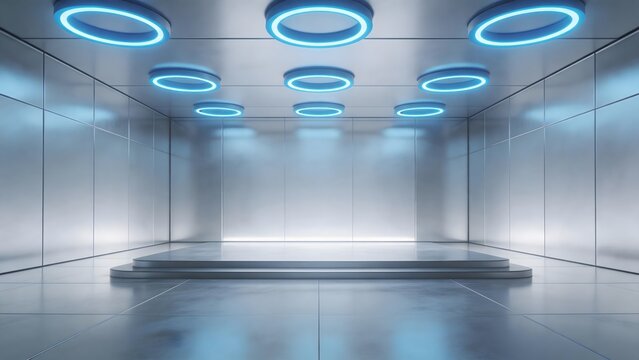 Futuristic empty room with blue lights