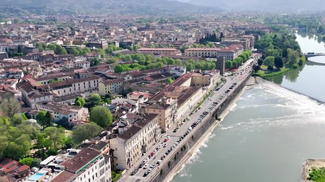 Drone perspective of Firenze showing Lungarni riverside and urban landscape