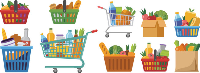 Obraz premium Set of flat vector grocery icons featuring supermarket shopping carts, colorful baskets, and paper bags full of fresh food.