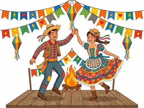 Casal dan&ccedil;ando quadrilha com trajes t&iacute;picos representando engajamento em eventos culturais e festividades juninas