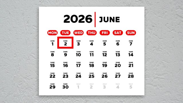 The date June 2nd marked with a red cursor on a wall calendar 2026