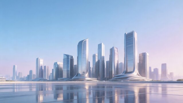 Futuristic city skyline with reflective towers