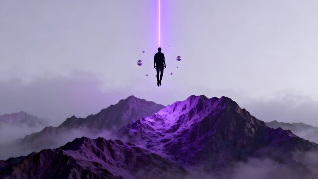Person floating above purple mountains
