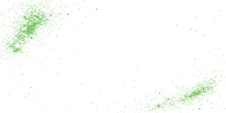 Green Paint Splatter Corners. Abstract soft splash with light scattered droplets on white background