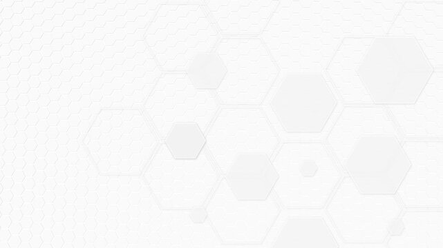 White hexagon minimal background with soft geometric cells, subtle shadows, clean modern texture. for medical videos, science explainers, technology presentations, corporate titles, and overlays.