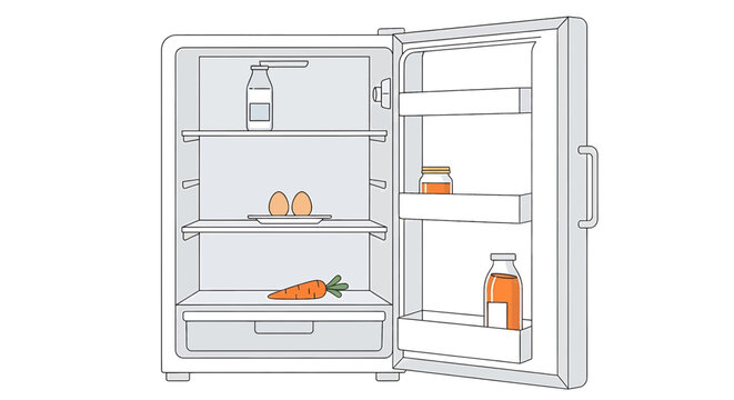 Open refrigerator with a few food items inside