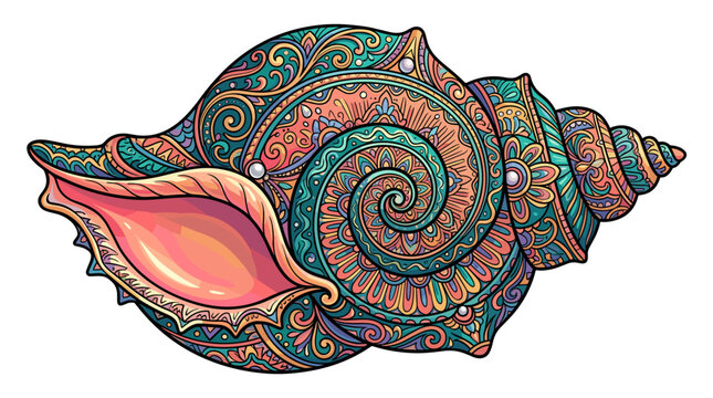 Decorative spiral seashell with intricate patterns and colors
