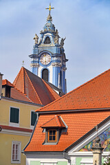 Fototapeta premium Blue and White Baroque Church Tower of Durnstein Abbey in Wachau Valley Austria