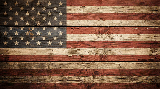 Vintage American flag painted on rustic wood planks, weathered patriotic background texture, distressed timber surface with stars and stripes