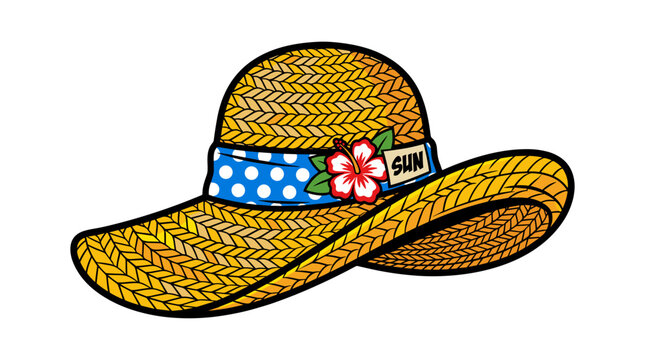 Straw sun hat with blue polka dot ribbon and flower